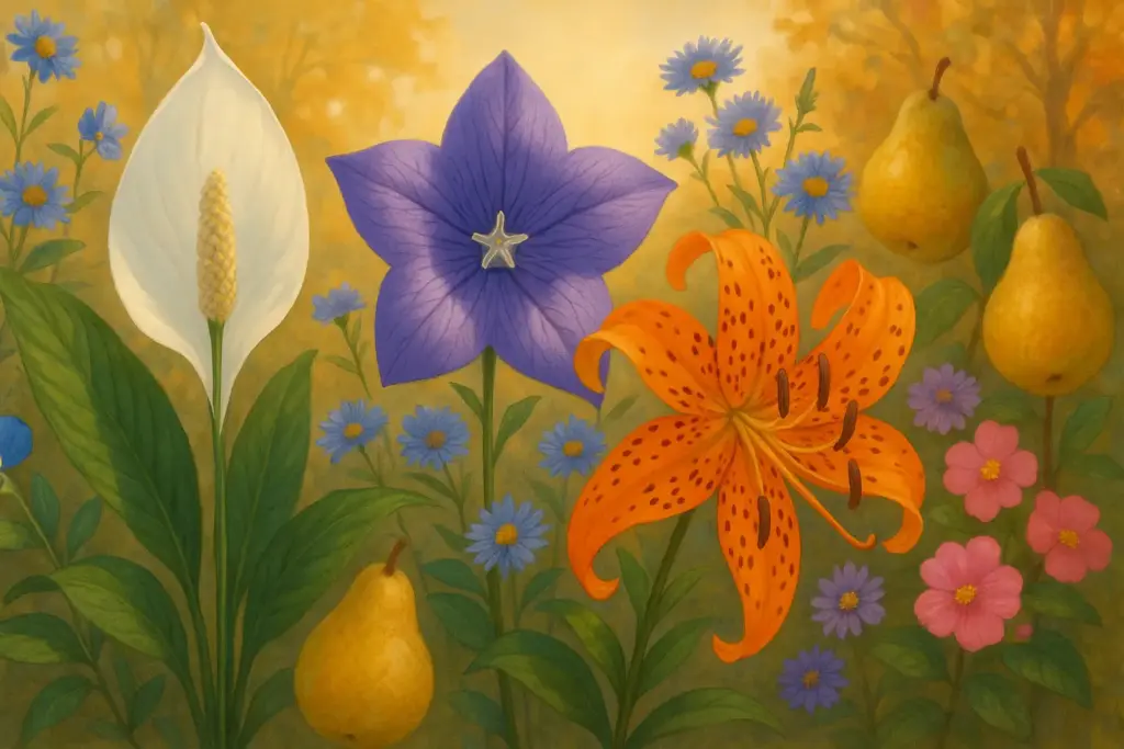 9月1日の誕生花スパティフィラムとキキョウ、オニユリを中心に描いた花のイラスト