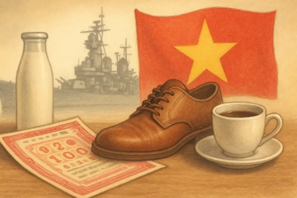 9月2日の記念日を表すイラスト。宝くじ券や靴、牛乳瓶と国際的なモチーフで日本と世界の節目を描写。