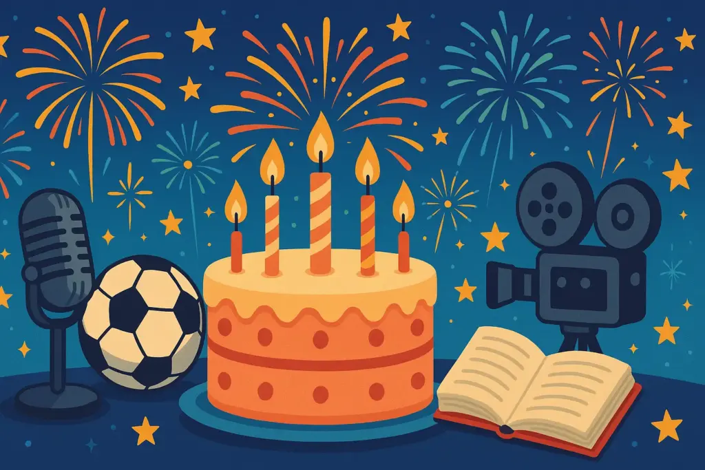 9月2日生まれの誕生日を祝うイラスト。ケーキを中心にマイクやサッカーボール、映画カメラで多彩な分野を表現。