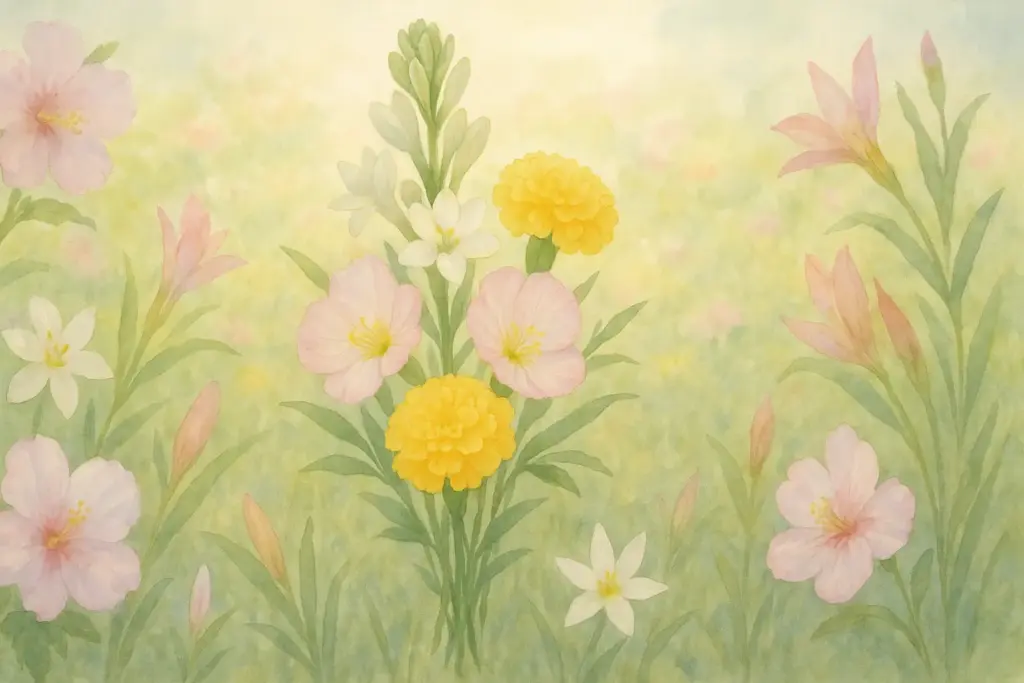 9月2日の誕生花を表すイラスト。チューベローズ、マリーゴールド、ツキミソウを中心に花束として配置。