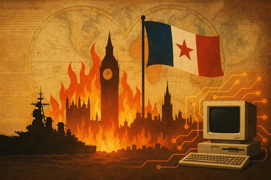 9月2日の歴史を象徴するイラスト。戦艦ミズーリやロンドン大火、革命の旗とARPANETで歴史的意義を描写。