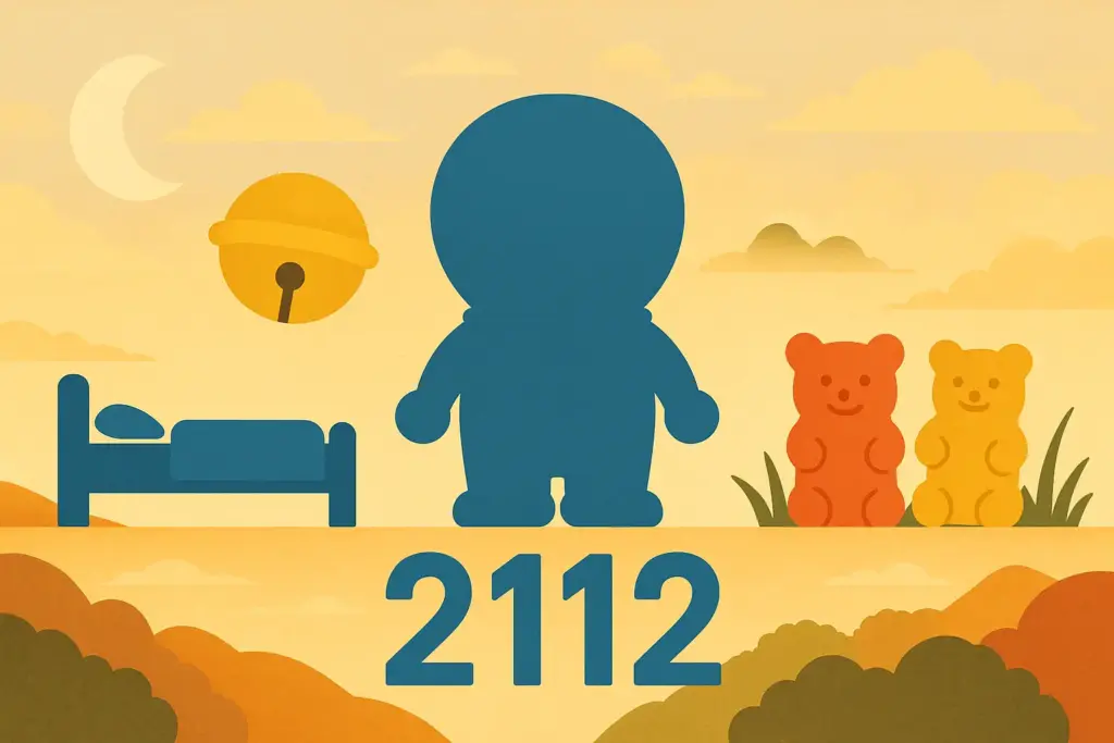 9月3日の記念日を表すイラスト。睡眠の日やベッドの日、草の日、グミの日、ドラえもん誕生日を象徴するモチーフを配置したデザイン