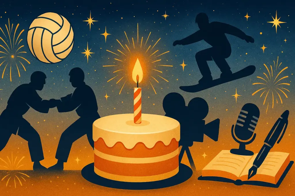 9月3日生まれの有名人やキャラクターを象徴する誕生日イラスト。柔道やバレー、映画、声優、作家やスノーボードを表現したデザイン