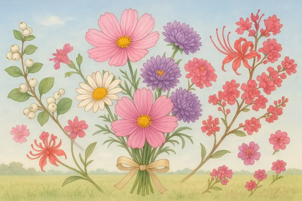 9月3日の誕生花であるコスモス、マーガレット、アスターを中心に描いた花束イラスト。秋の草花を背景にしたデザイン