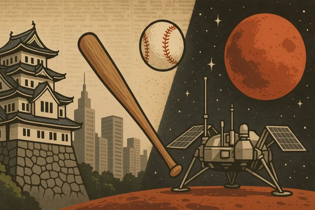 9月3日の歴史を象徴するイラスト。東京改称、王貞治の756号本塁打、バイキング2号の火星着陸を表現したデザイン