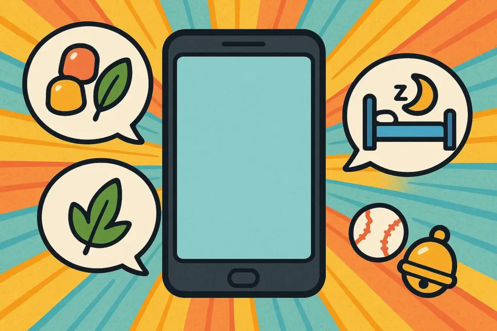 9月3日の豆知識を表現したイラスト。グミの日や草の日、睡眠の日を象徴するモチーフをスマホ画面の吹き出しで表現したデザイン