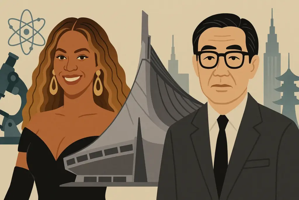 9月4日生まれの著名人を象徴する建築や音楽、科学のモチーフを描いたイラスト