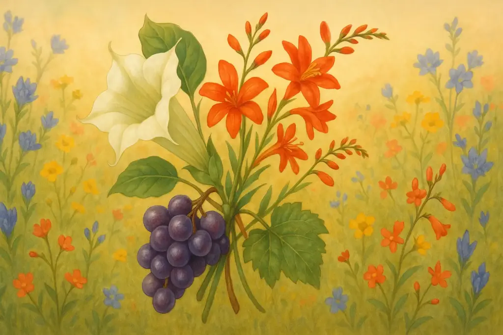 9月4日の誕生花ダチュラ・ブドウ・モントブレチアを中心に描いたイラスト