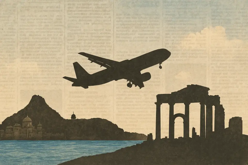 9月4日の歴史的出来事を象徴する関空・ディズニーシー・古代ローマを描いたイラスト