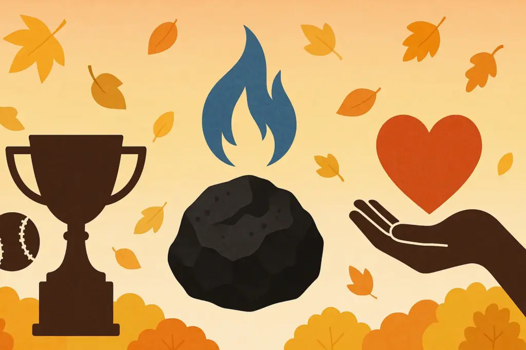 9月5日の記念日を表すイラスト。国民栄誉賞のトロフィーや野球ボール、石炭の日を示す石炭と炎、国際チャリティーを象徴するハートのモチーフを描いたデザイン