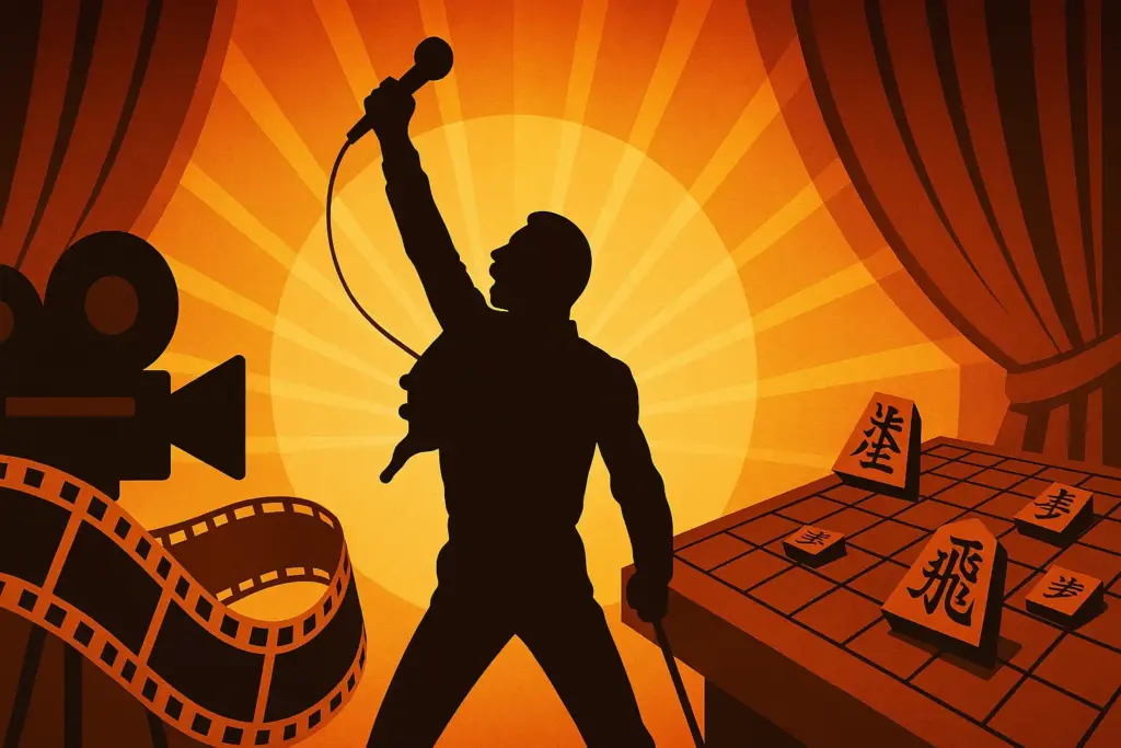 9月5日生まれの有名人や著名人を象徴するイラスト。マイクを掲げる歌手のシルエット、映画カメラやフィルム、将棋盤と駒を組み合わせたデザイン