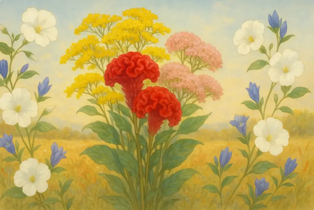 9月5日の誕生花を表現したイラスト。ケイトウ、オミナエシ、ベンケイソウの花束を中心に、ヨルガオやリンドウを添えた華やかな花の構図