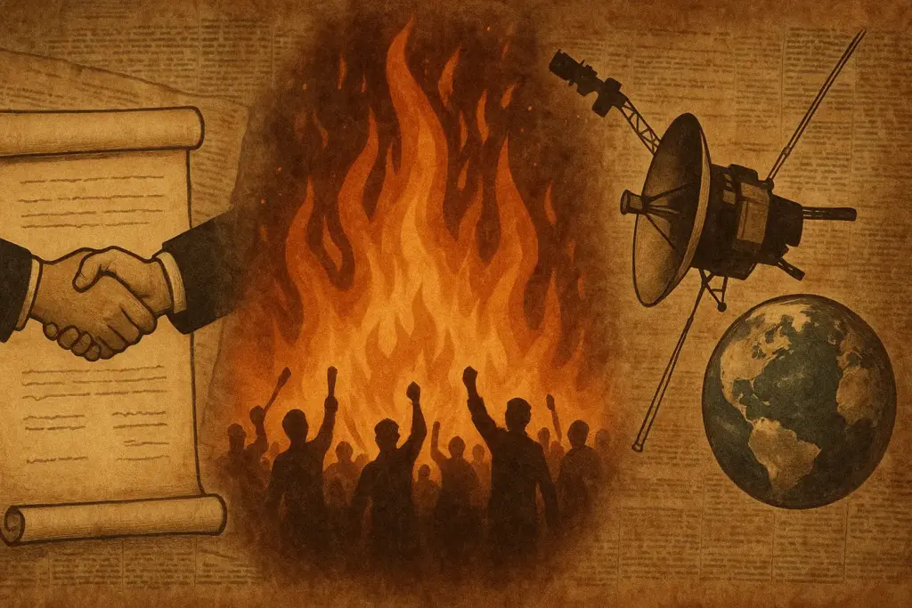 9月5日の歴史的出来事を象徴するイラスト。ポーツマス条約の握手、日比谷焼打事件の炎と群衆、宇宙探査機ボイジャー1号と地球を描いた構図