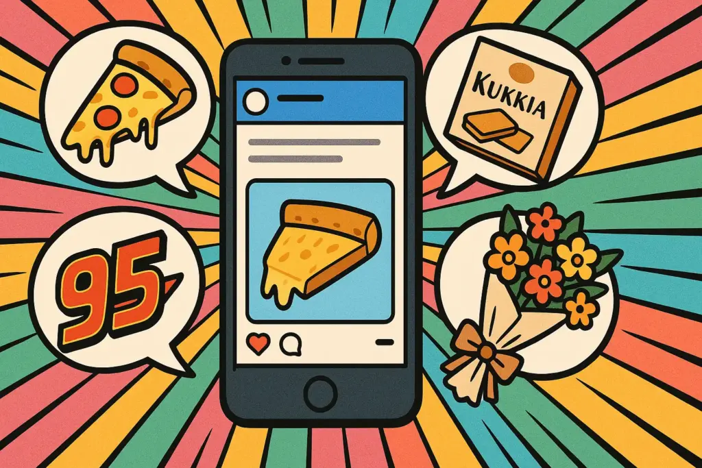 9月5日の豆知識を示すイラスト。スマートフォンの画面から吹き出しにチーズピザ、KUKKIAのお菓子、ライトニングマックィーンの95ゼッケン、花束が飛び出すポップなデザイン