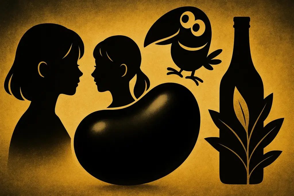 9月6日の記念日をモダンに描いたイラスト。黒豆を中心に妹の日を象徴する姉妹シルエット、鳥や焼酎瓶、クロレラの葉を配置した黒と金の横長デザイン。