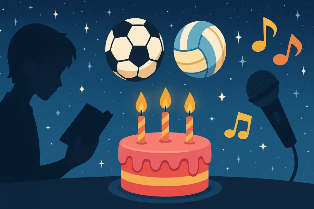 9月6日生まれの有名人とキャラクターを象徴する横長イラスト。星空の下に本を読む人物、サッカーボールやバレーボール、音符とマイク、誕生日ケーキを配置したデザイン。