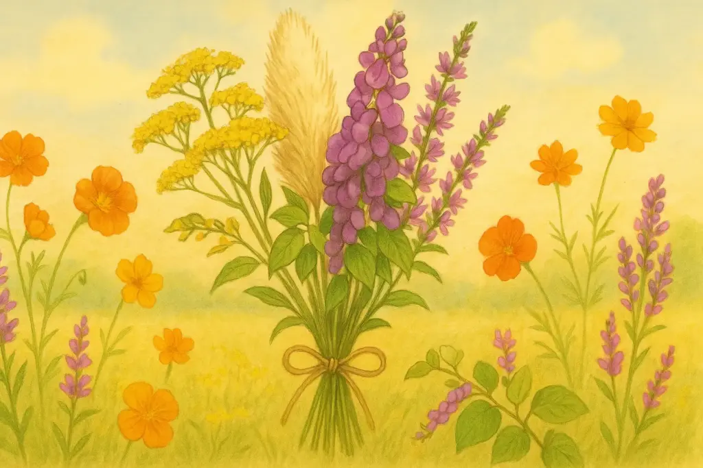 9月6日の誕生花イラスト。オミナエシ、パンパスグラス、クズを中心に、ナスタチウムやミソハギ、キバナコスモスを散らした秋の花束を描いた横長デザイン。