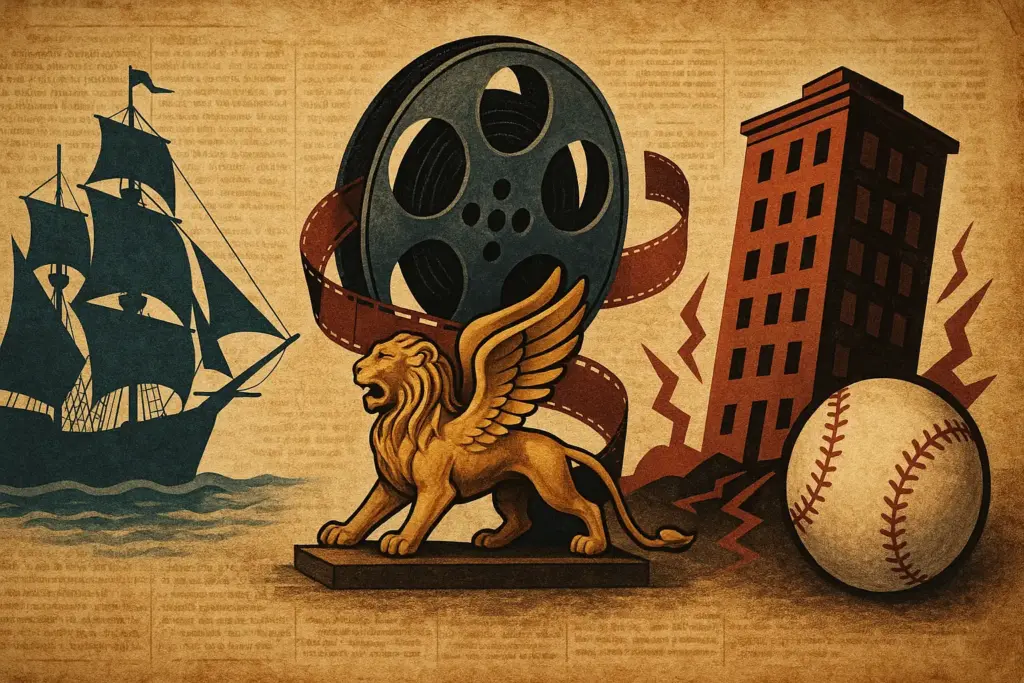 9月6日の歴史的出来事を表す横長イラスト。古い新聞の背景にマゼランの帆船、映画フィルムと金獅子像、地震を示す建物と野球ボールを配置した重厚なデザイン。