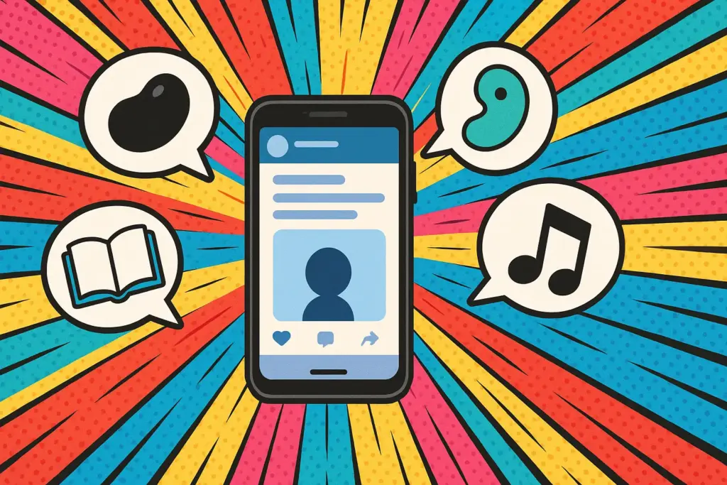 9月6日の豆知識を象徴する横長イラスト。スマートフォン画面から黒豆や勾玉、本や音符、キャラクターのシルエットが吹き出しで飛び出すポップなデザイン。