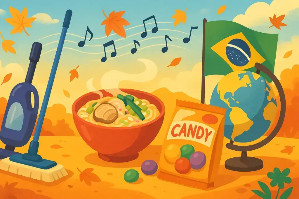 9月7日の記念日イラスト。秋空を背景に掃除道具や音符、近江ちゃんぽん、タフグミ、ブラジル国旗と地球儀を描いたデザイン