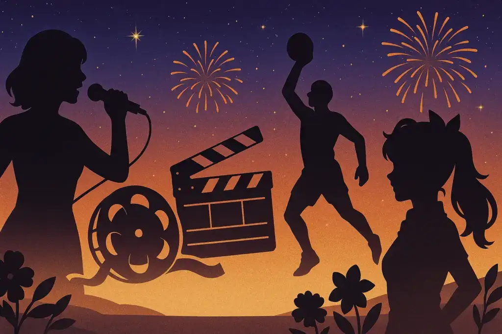 9月7日生まれの誕生日イラスト。舞台で歌う歌手や映画フィルム、スポーツ選手、アニメキャラ風シルエットを星空と花火で祝うデザイン