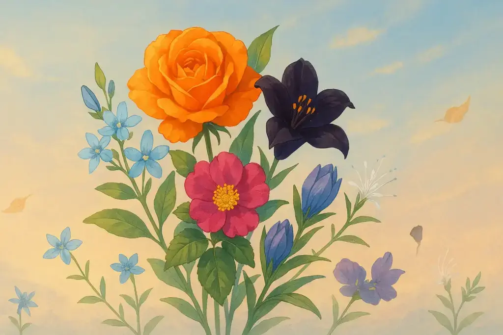 9月7日の誕生花イラスト。オレンジの花、クロユリ、ハマナスを中心にブルースター、リンドウ、ネコノヒゲを束ねた花束と秋空背景のデザイン