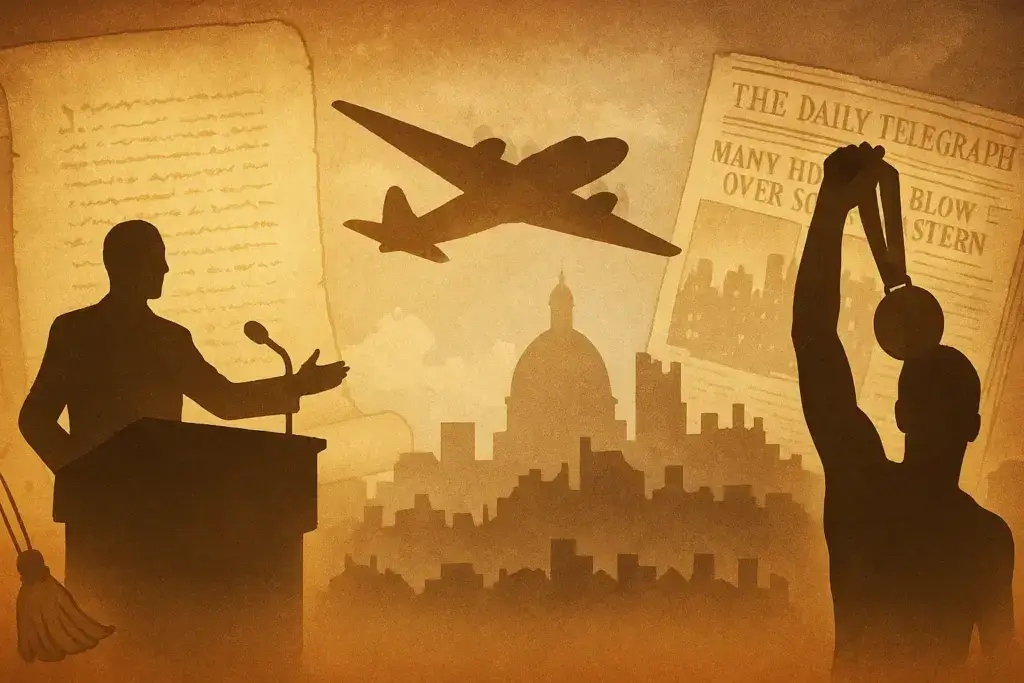 9月7日の歴史イラスト。古い巻物や新聞を背景に演説台、ロンドン空襲の街並み、体操団体金メダル選手シルエットを描いた重厚なデザイン