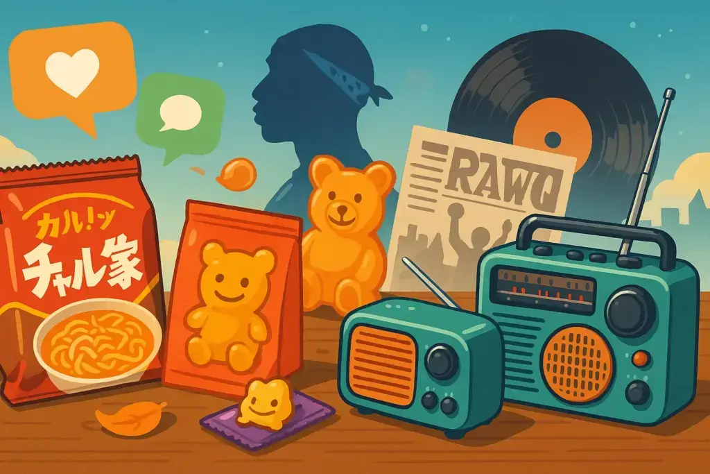 9月7日の豆知識イラスト。テーブルにチャルメラやグミ、ラジオを置き、SNS吹き出しや2Pacのシルエット、レコード盤を組み合わせたポップなデザイン