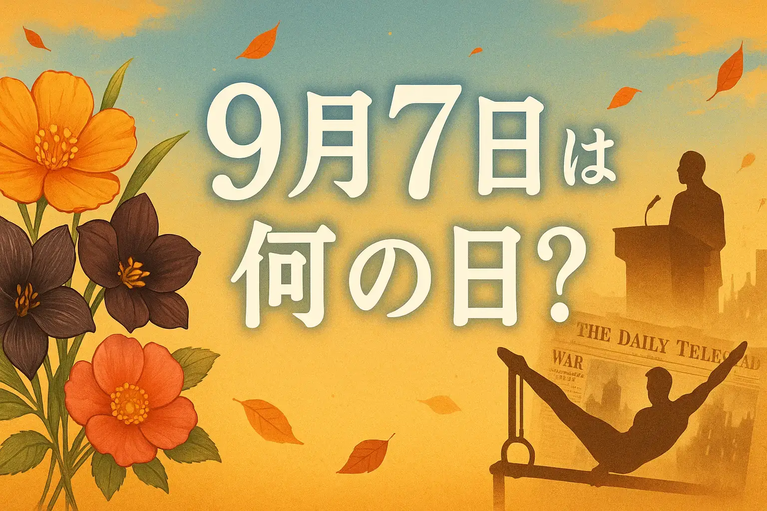 9月7日は何の日のアイキャッチ画像。オレンジの花やクロユリ、ハマナスの花束と歴史・文化・スポーツを象徴するモチーフを配置した秋らしいデザイン