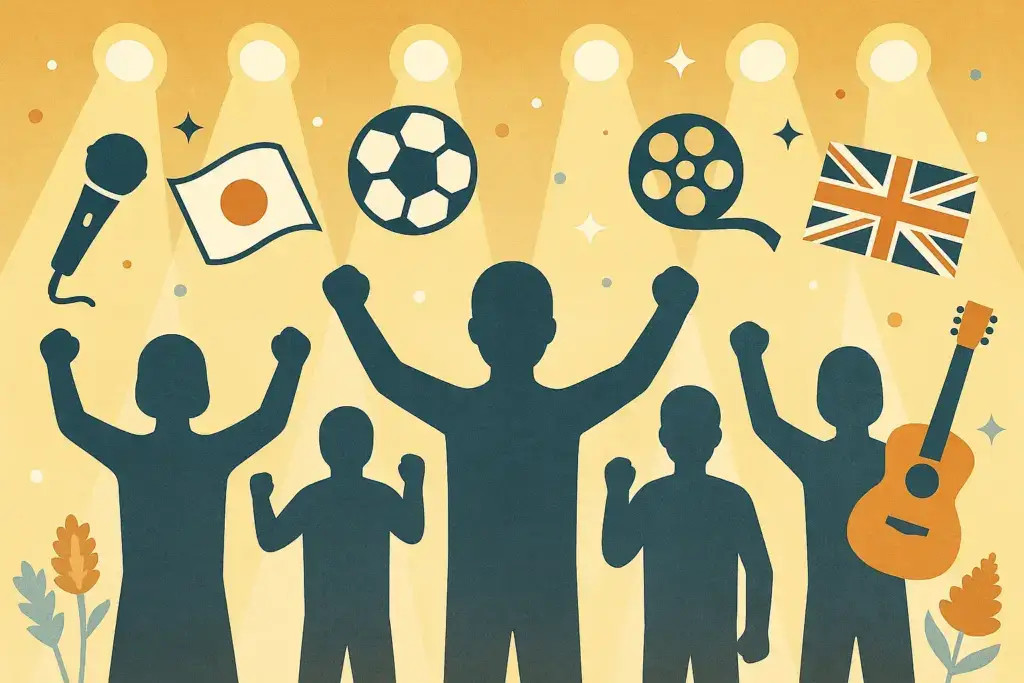 9月8日生まれの芸能人や有名人を祝うイラスト。舞台のライトに照らされた人物シルエットとマイク、サッカーボール、ギター、フィルムリールなどの小道具