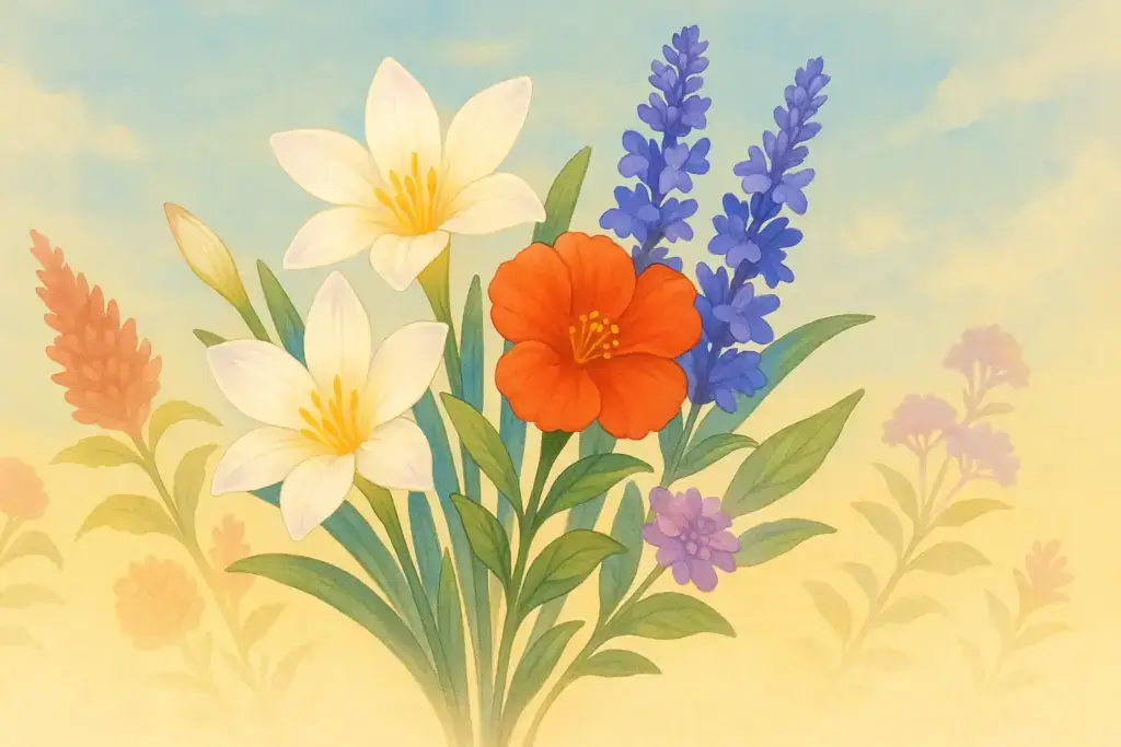 9月8日の誕生花を描いたイラスト。ゼフィランサス、ホウセンカ、サルビアを束ねた花束に、ケイトウとフジバカマを添え、秋空を背景にした構図