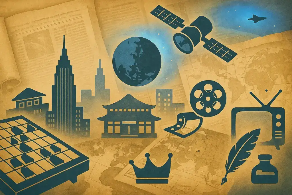 9月8日の歴史を象徴するイラスト。古い新聞と巻物の背景に、ニューヨーク摩天楼、将棋会館、地球を映す衛星、王冠、羽ペン、フィルムリールなどを配置