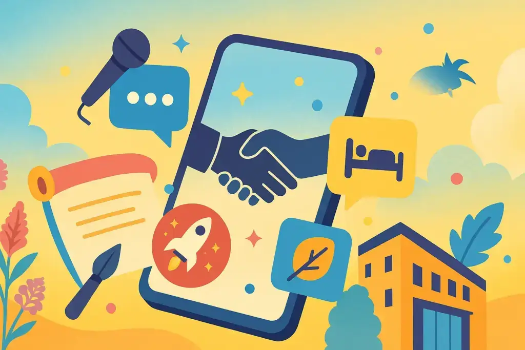 9月8日の豆知識を表すイラスト。スマホ画面から吹き出すアイコンに音楽のマイク、宇宙船、休養を象徴するベッドや葉っぱが描かれたポップなSNS風デザイン