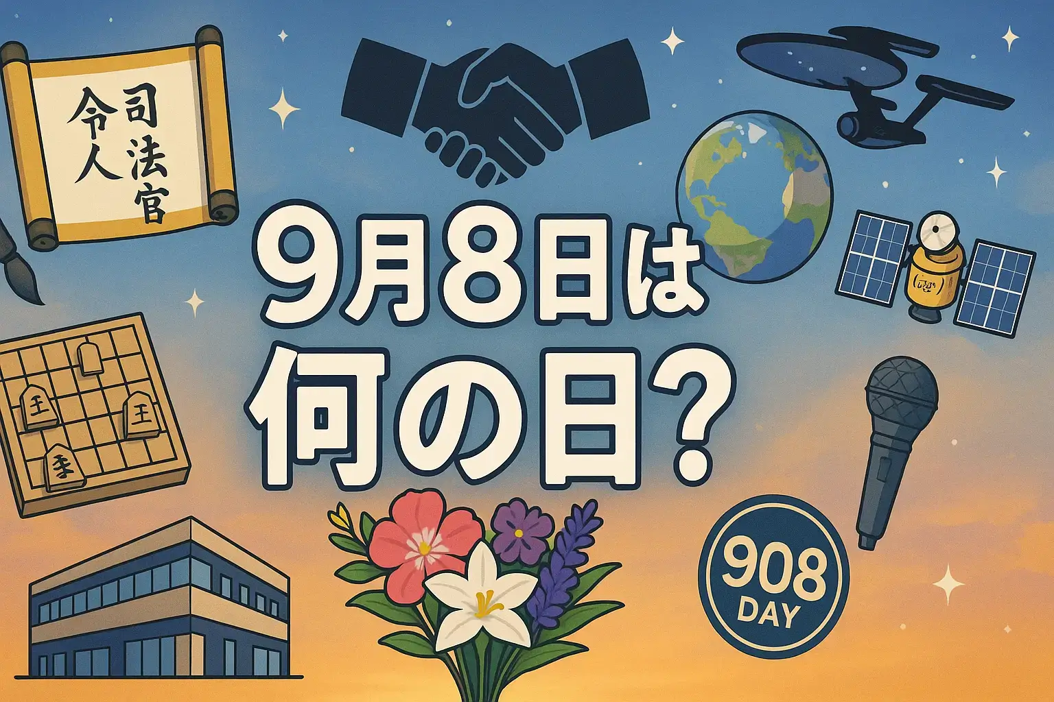 9月8日は何の日を表すアイキャッチ画像。明治改元の巻物、サンフランシスコ平和条約の握手、将棋盤と駒、気象衛星ひまわり、誕生花のゼフィランサスやホウセンカ、音楽やスター・トレックを象徴するモチーフが調和するデザイン
