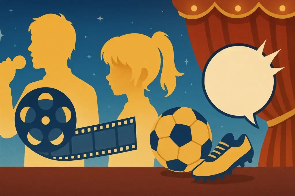 9月9日生まれの有名人やキャラクターを象徴するマイクを持つ歌手、映画フィルム、サッカーボール、漫画の吹き出しを描いたイラスト