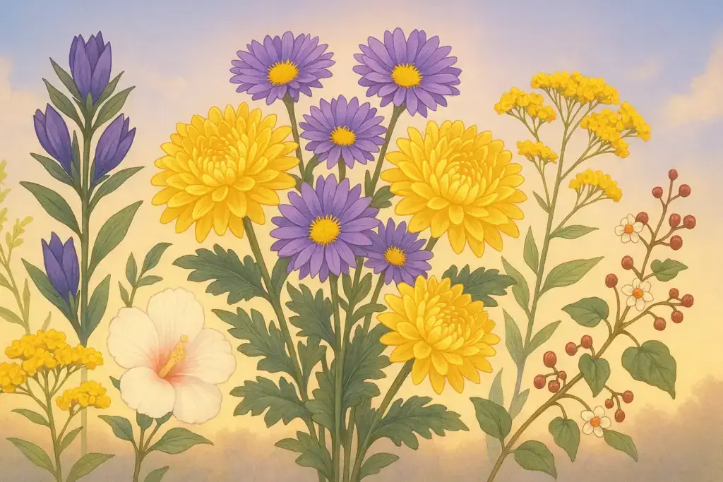 9月9日の誕生花である菊と紫苑の花束、周囲にリンドウやオミナエシ、酔芙蓉、ヘクソカズラを配した秋の花々のイラスト