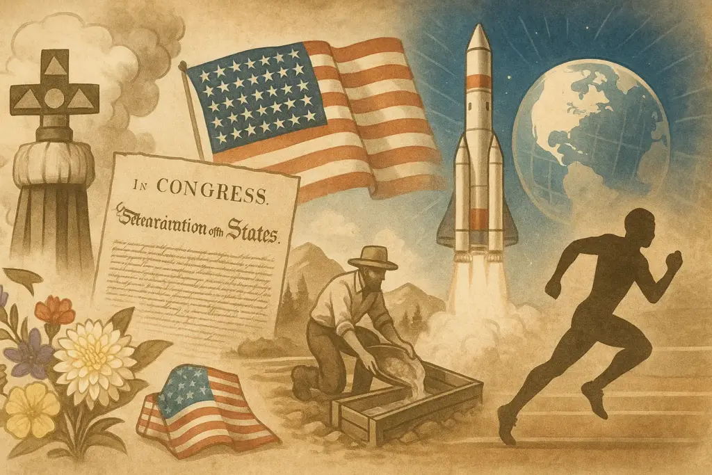 9月9日の歴史的出来事を象徴する江戸町火消の纏、アメリカ独立文書と星条旗、ゴールドラッシュ、ロケット、陸上選手を描いたイラスト