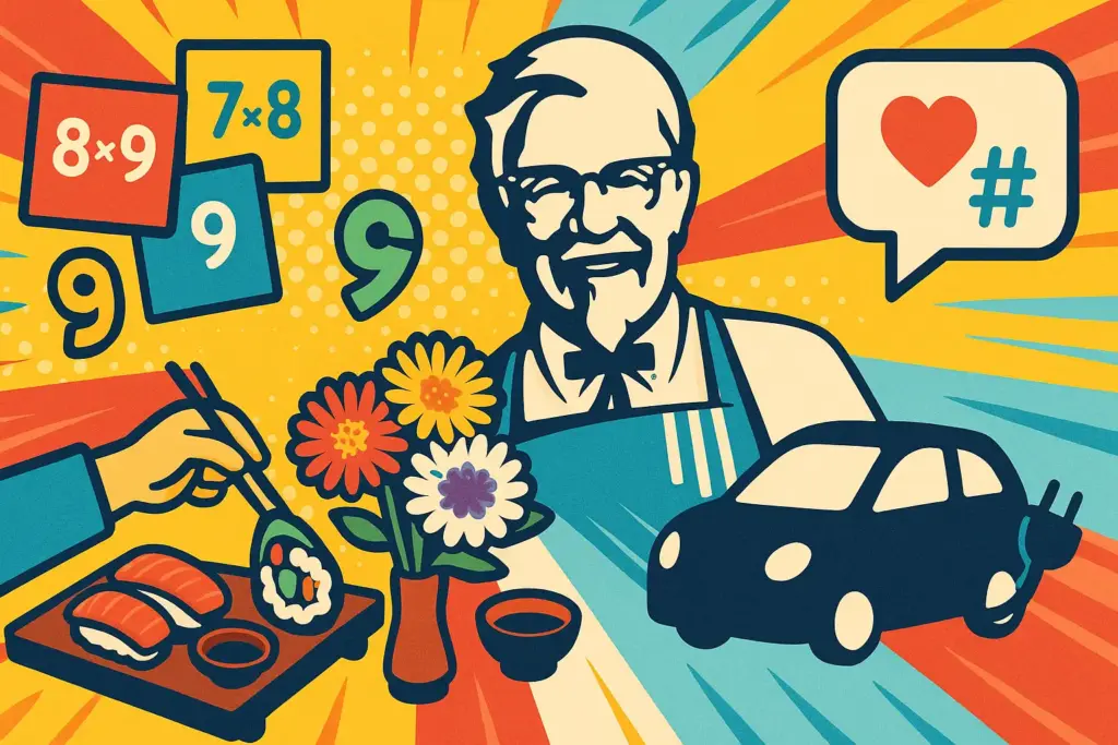 9月9日の豆知識を表す九九の数字カード、カーネル像、寿司の食卓、電気自動車、SNS吹き出しを組み合わせたポップなイラスト