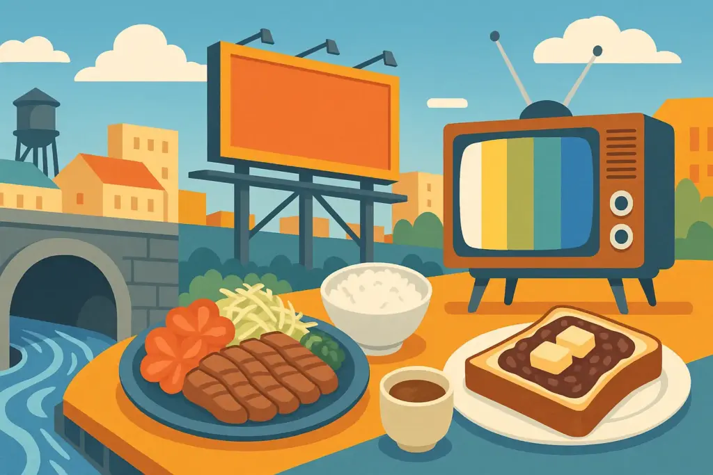 9月10日の記念日を表す横長イラスト。下水道施設と水の流れ、屋外広告の看板、カラーテレビ、牛たん定食と小倉トーストを街並み背景に配置した構図。