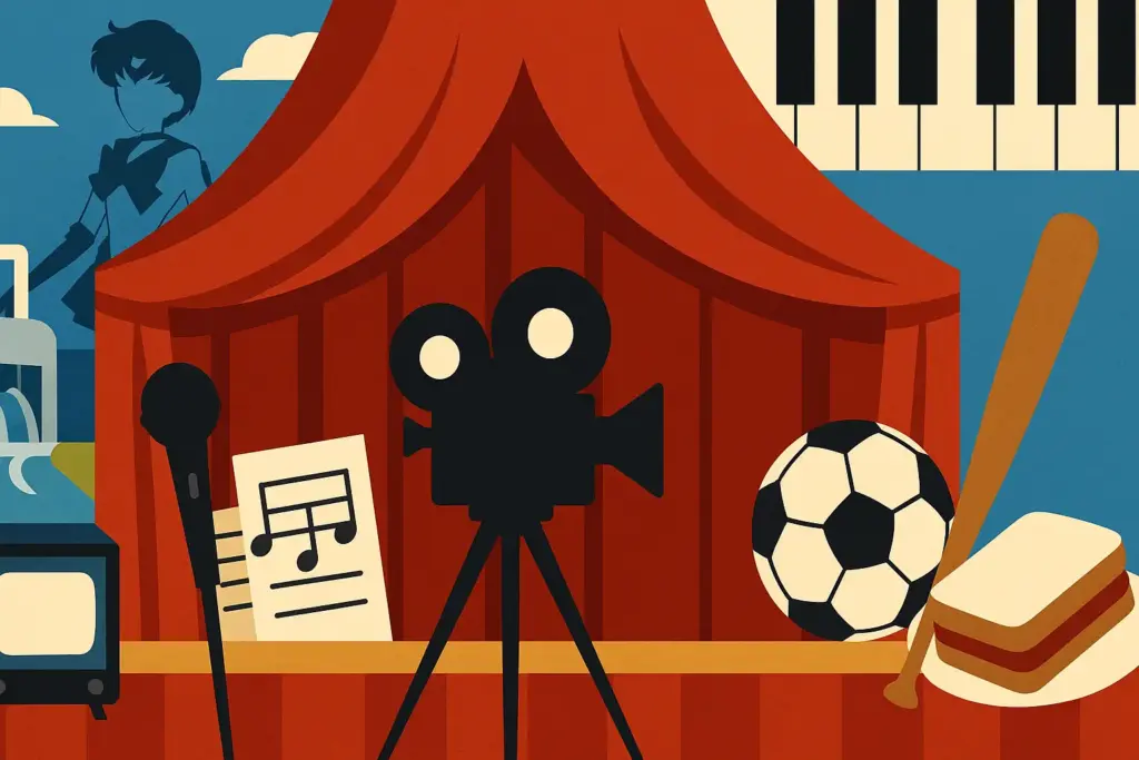 9月10日生まれの有名人やキャラクターを象徴する横長イラスト。舞台の幕と映画カメラ、マイクと楽譜、サッカーボールとバット、セーラーマーキュリーのシルエットを配置。