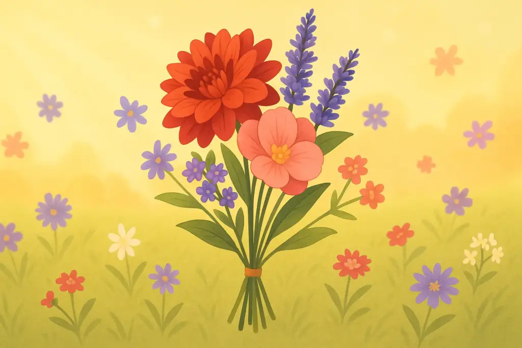 9月10日の誕生花を描いた横長イラスト。中央にダリア、シュウカイドウ、ヒソップの花束、周囲にアスター、バーベナ、ブバルディアを散らし秋の草原を背景にした構図。