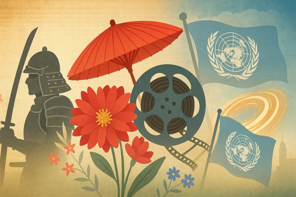 9月10日の歴史を象徴する横長イラスト。川中島の戦いの甲冑と刀、映画『羅生門』の和傘とフィルムリール、国連旗と加速器の光輪を古い新聞と未来的な空に重ねた構図。