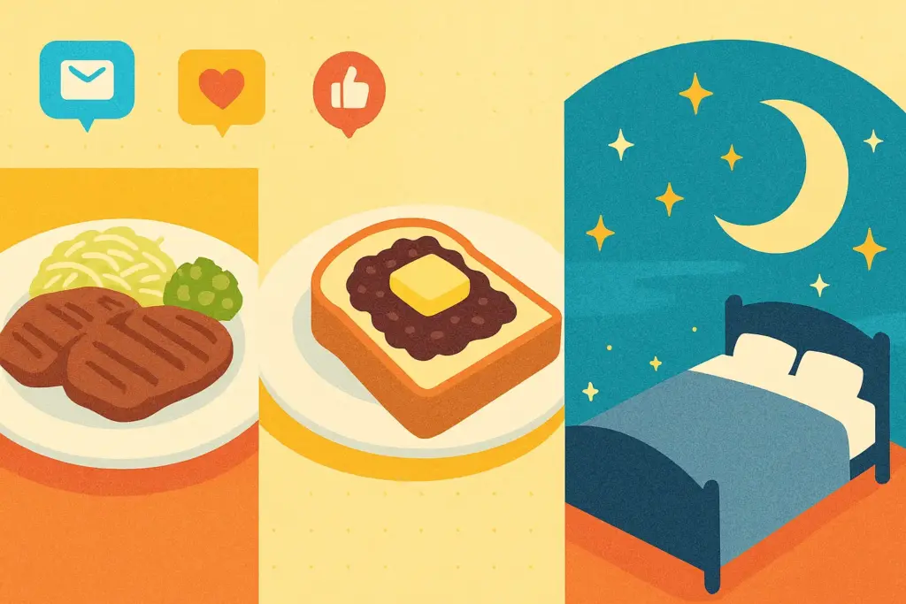 9月10日の豆知識を表す横長イラスト。左に牛たん料理、右に星空とベッドシルエット、上部にSNS風の吹き出しアイコンを散らしたポップで遊び心ある構図。