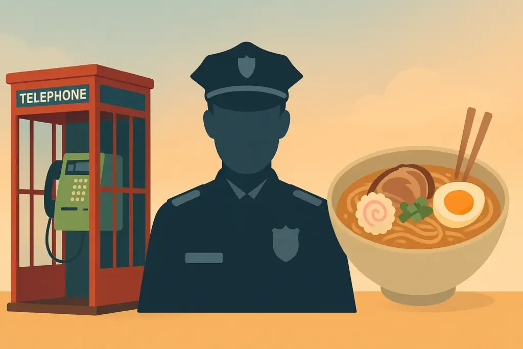 9月11日の記念日を表すイラスト。公衆電話ボックス、警察の制服シルエット、麺料理を配置し、防災や警察相談の日、めんの日を象徴するデザイン