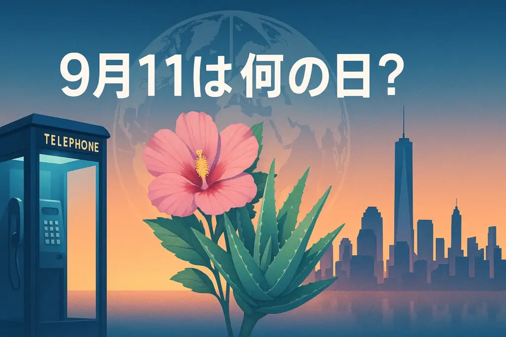 9月11日は何の日？をテーマにしたアイキャッチ画像。公衆電話ボックス、ムクゲとアロエの花束、ニューヨークの摩天楼と地球儀を配置し、記念日・誕生花・歴史を象徴するデザイン