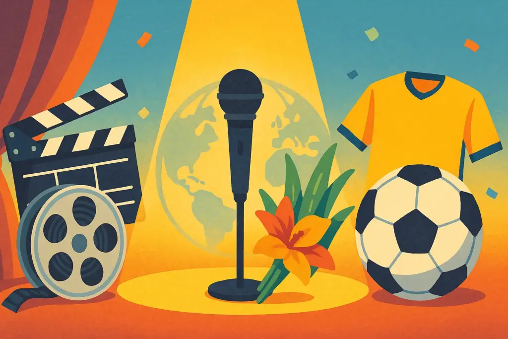 9月11日生まれの誕生日を象徴するイラスト。舞台のスポットライトとマイク、映画監督のカチンコとフィルムリール、サッカーボールとユニフォームを配置した祝祭的な構図