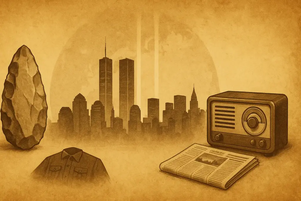9月11日の歴史を象徴するイラスト。岩宿遺跡の石器、ニューヨーク摩天楼と二つの光柱、古いラジオや新聞を配置し、セピア調で重厚に表現