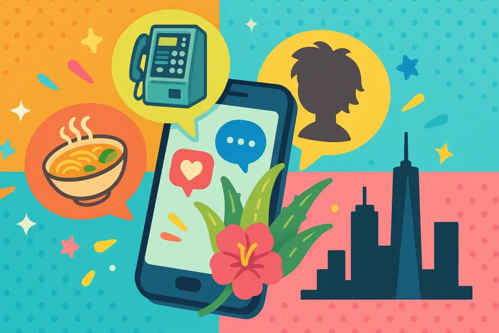 9月11日の豆知識を表すイラスト。スマートフォンの画面からSNS風の吹き出しに麺料理、公衆電話、キャラクターのシルエットが飛び出すポップなデザイン