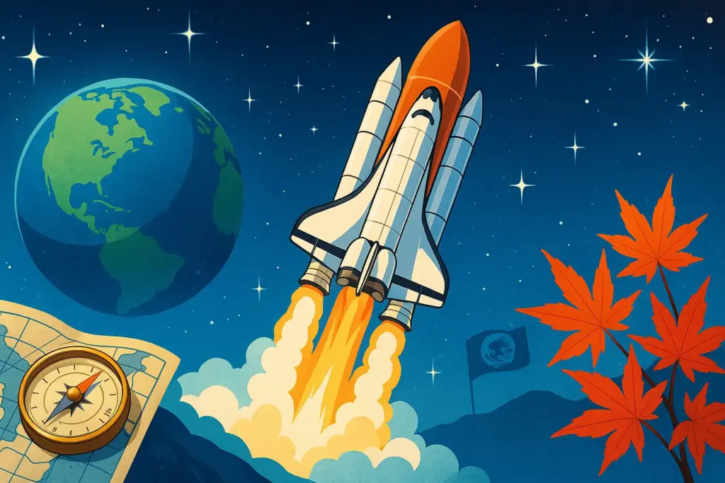 9月12日の記念日イラスト。星空と地球を背景にスペースシャトルが飛び立ち、左に航海図とコンパス、右に紅葉のもみじを描いたデザイン。水路記念日や秋のメープルもみじの日を象徴