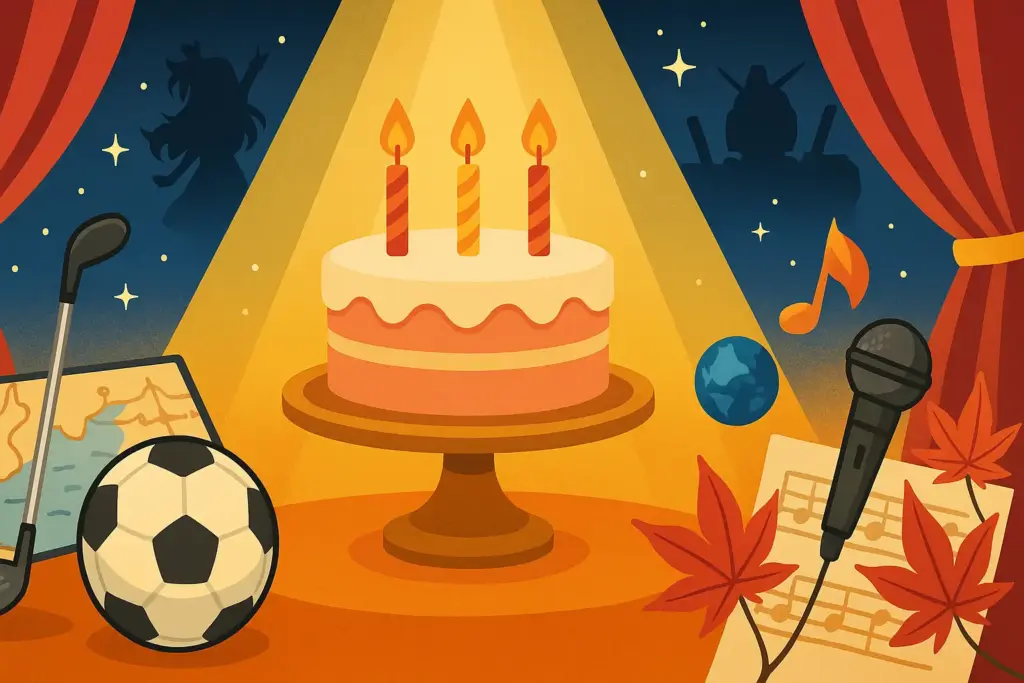 9月12日生まれの誕生日イラスト。中央に誕生日ケーキとローソク、左にサッカーボールとゴルフクラブ、右にマイクと楽譜を配置。上部にアニメキャラクターのシルエットを描き、スポーツや芸能人の誕生日を表現